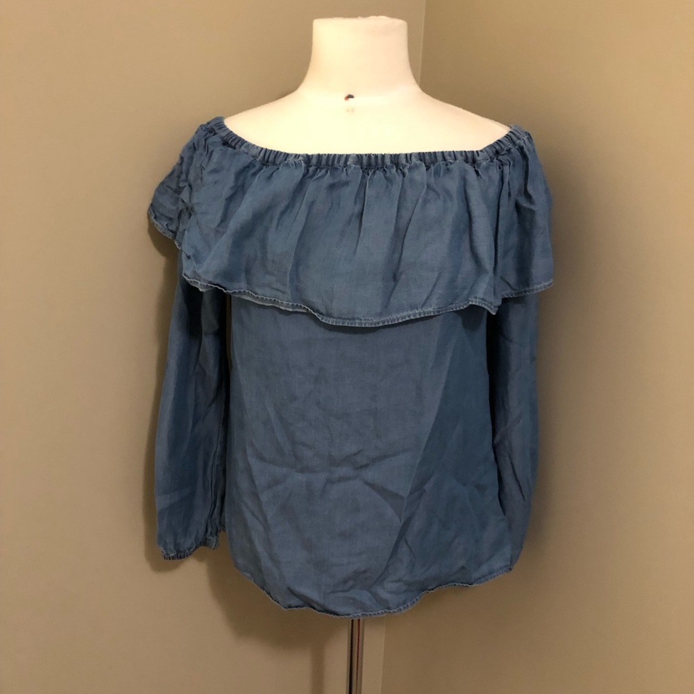 Michael Kors Denim Long Sleeve off the Shoulder Top Size Small